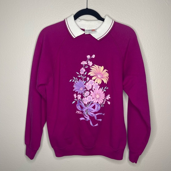 Vintage Sweaters - Vintage Morning Sun Purple Floral Sweater Large